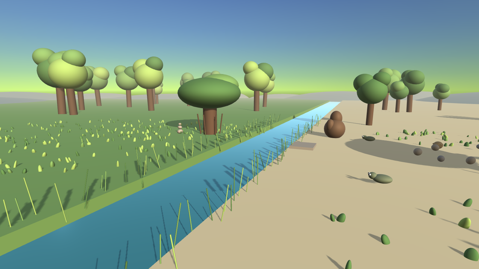 The World 1 river between the sand bank and the green bank